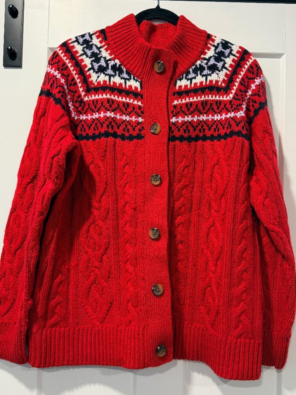 Lands' End Red Cable Knit Button-Front Sweater